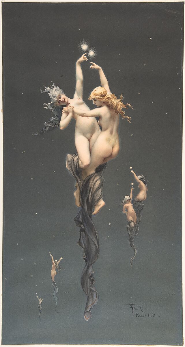 Twin Stars, Luis Falero (Spanish, Granada 1851–1896 London), Brush and watercolor on off-white paper 