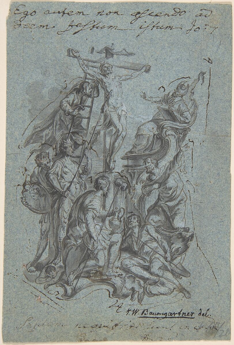 Crucifixion, Johann Wolfgang Baumgartner (German, Kufstein 1712–1761 Augsburg), Pen and dark brown and black ink, brush and gray and brown wash, heightened with white, and traces of black chalk on blue paper; incised for transfer; reddened on verso with chalk 