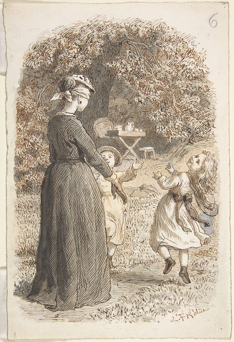 A Mother and Two Children Playing Blind Man's Bluff, Lorenz Frølich (Danish, Copenhagen 1820–1908 Hellerup), Pen and dark brown and reddish-brown ink, brush and gray wash over traces of graphite 
