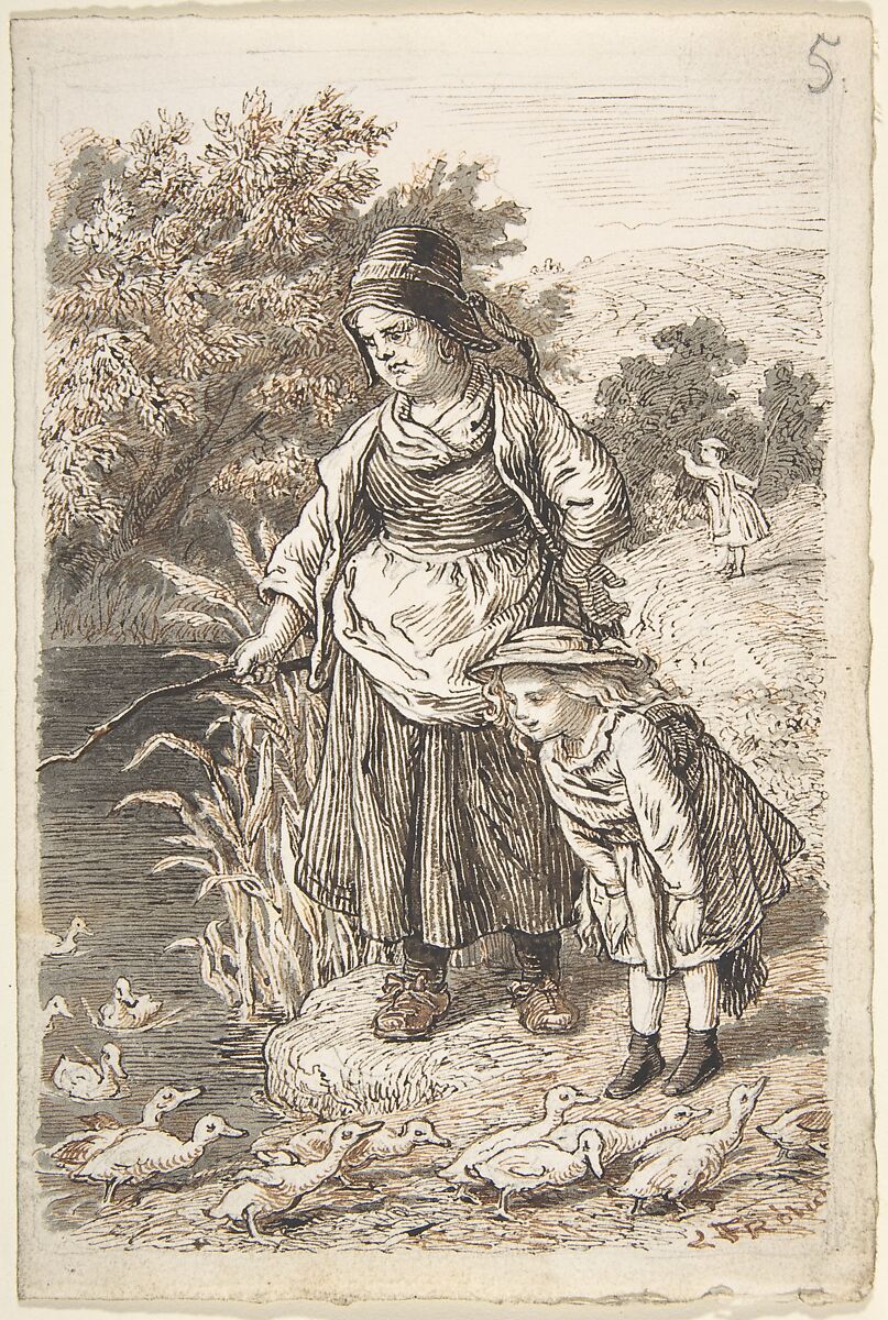 Woman and Child by a Duck Pond, Lorenz Frølich (Danish, Copenhagen 1820–1908 Hellerup), Pen and dark brown and reddish-brown ink, brush and gray wash over graphite underdrawing 