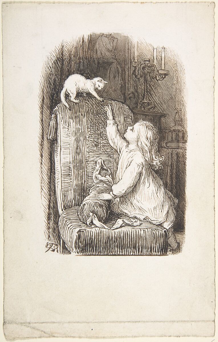 Child Climbing a Chair to Reach for a Kitten, Lorenz Frølich (Danish, Copenhagen 1820–1908 Hellerup), Pen and dark brown and reddish brown ink, brush and gray wash over traces of graphite 