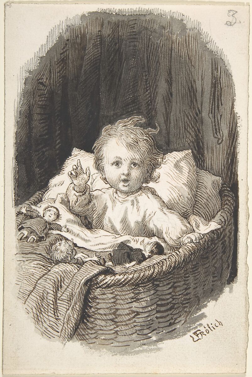 Child in a Crib, Lorenz Frølich (Danish, Copenhagen 1820–1908 Hellerup), Pen and dark brown and reddish-brown ink, brush and gray wash over a graphite underdrawing 