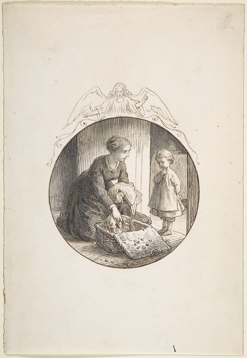 Mother and Child, Lorenz Frølich (Danish, Copenhagen 1820–1908 Hellerup), Pen and dark brown and reddish-brown ink, brush and gray wash over traces of a graphite underdrawing 