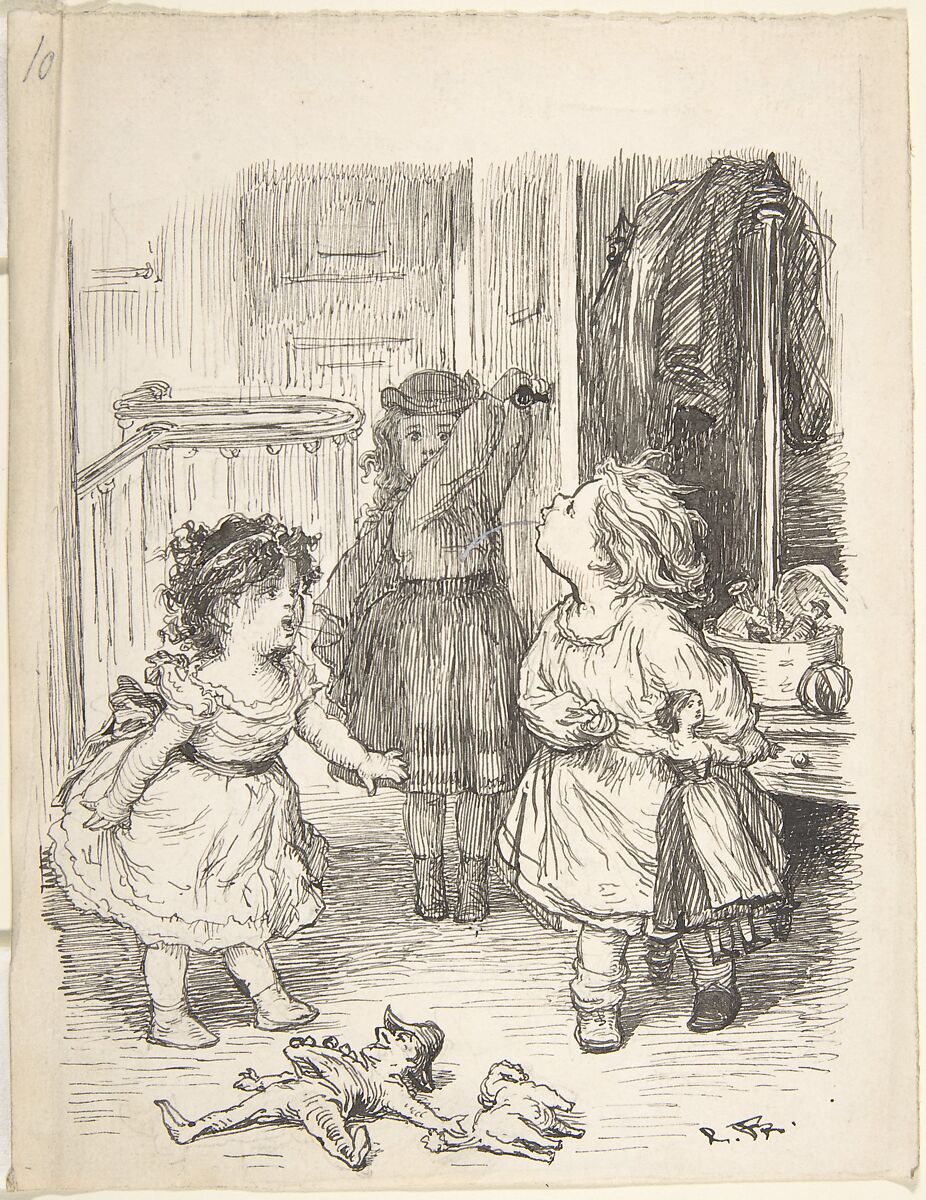 Three Little Girls in a Room Arguing and Spitting, Lorenz Frølich (Danish, Copenhagen 1820–1908 Hellerup), Pen and black ink over traces of a graphite underdrawing, touches of white gouache 