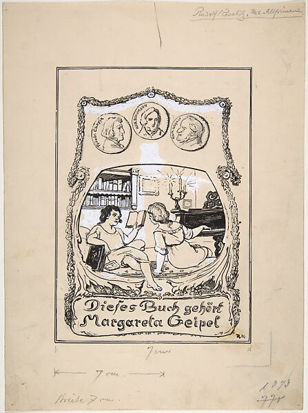 Bookplate design for Margareta Geipel, Rudolf Köselitz (German, Annaberg 1861–1948/49 Munich), Pen and black ink over pencil corrected with white. 