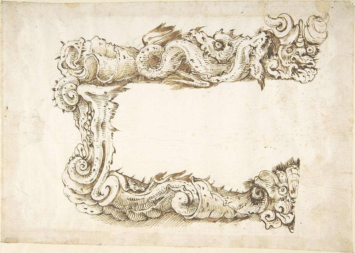 Half of a Cartouche with Monsters, Attributed to Quentin Pierre Chedel (French, Châlons-en-Champagne 1705–1763 Châlons-en-Champagne), Pen and brown ink with brush and brown wash with black chalk underdrawing 