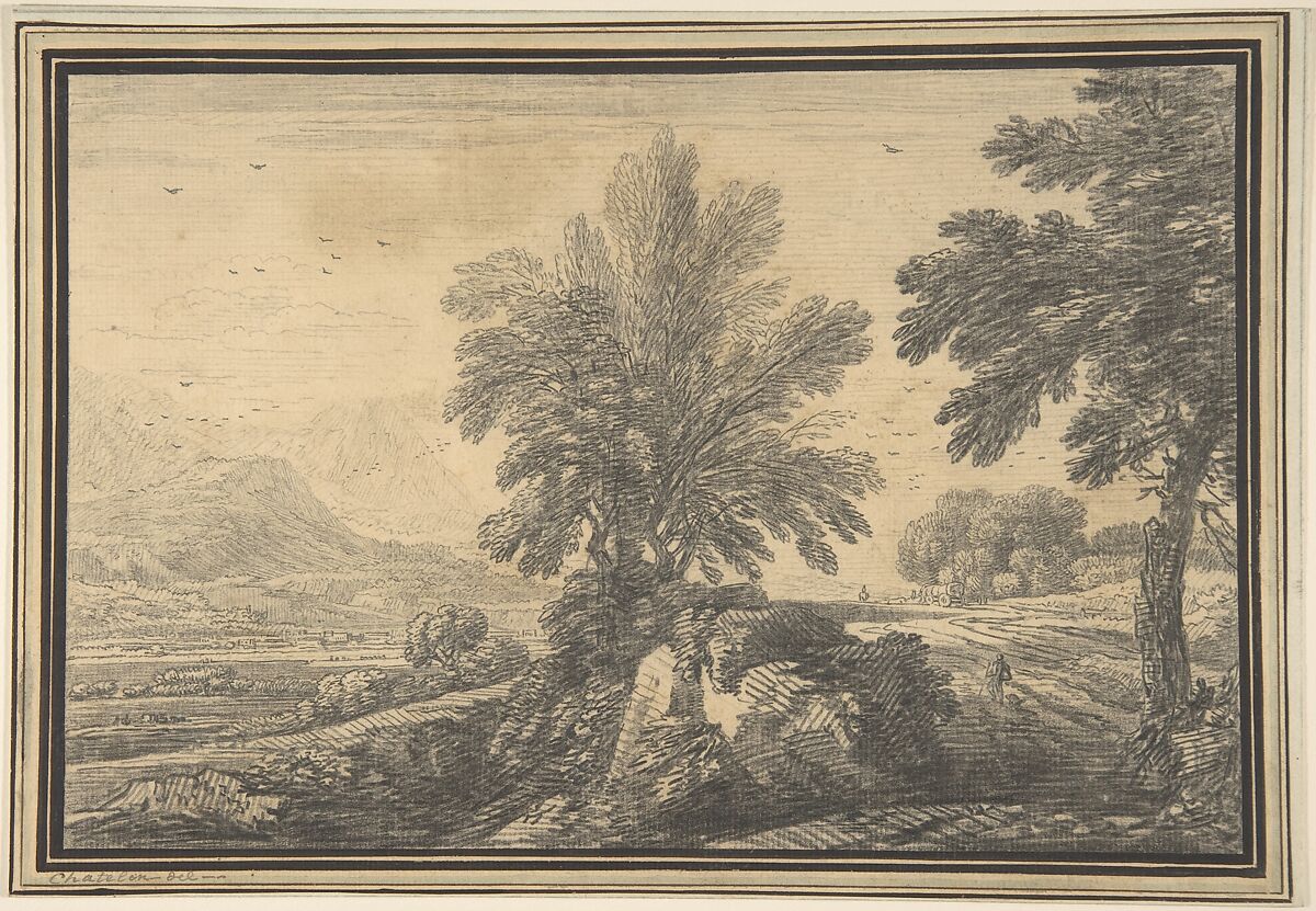Landscape, Jean-Baptiste-Claude Chatelain (British, London (?) ca. 1710–1758 London), Graphite; framing lines in pen and black and brown ink 