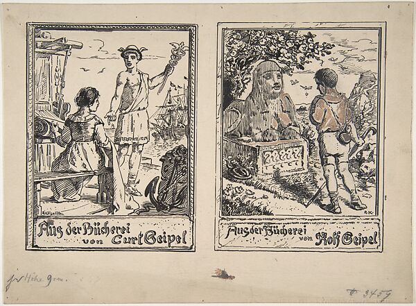 Two Designs for Bookplates: Curt Geipel and Rolf Geipel, Rudolf Köselitz (German, Annaberg 1861–1948/49 Munich), Brush(?) and black ink, touches of brown gouache. 