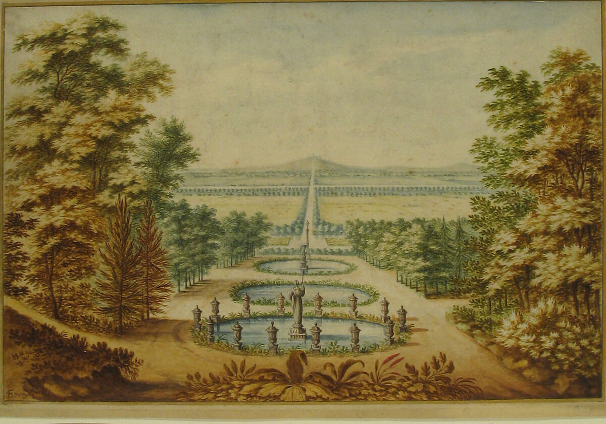 Scenic View of Gardens, Antoine-Claude Fleury (French, active 1795–1822), Pen and black ink and  brush with brown, yellow, green, black, gray, gold, and red watercolors. 