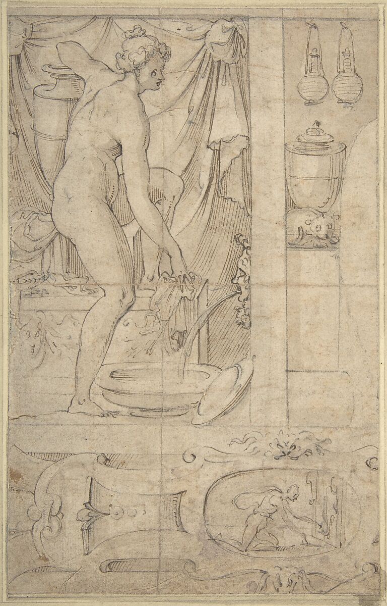 Venus Bathing, Anonymous, French, School of Fontainebleau, 16th century, Pen and black and brown inks with graphite underdrawing 