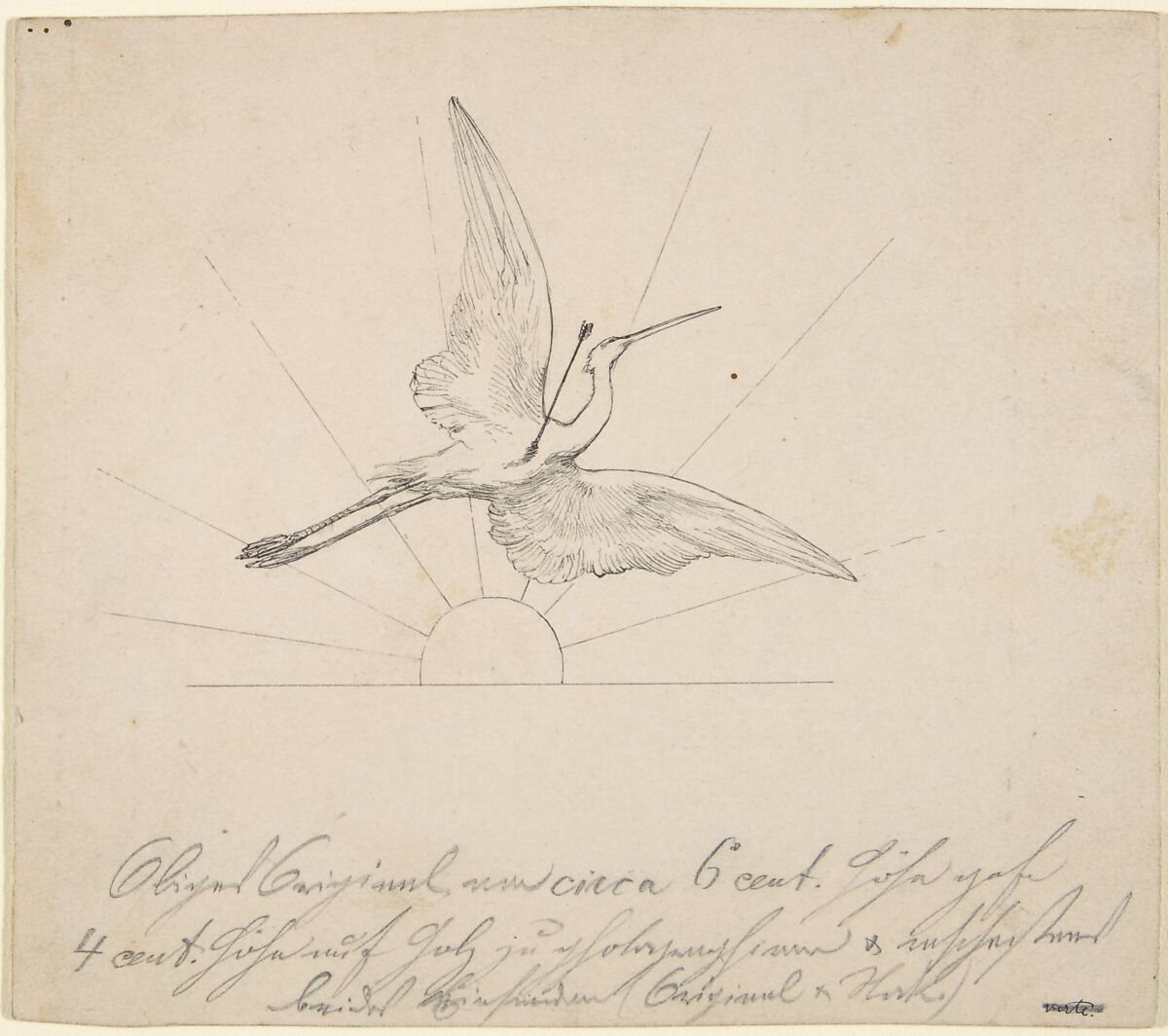 Wounded Crane with an Arrow in its Breast Before Setting Sun, Max Klinger (German, Leipzig 1857–1920 Großjena), Pen and ink on buff stock 
