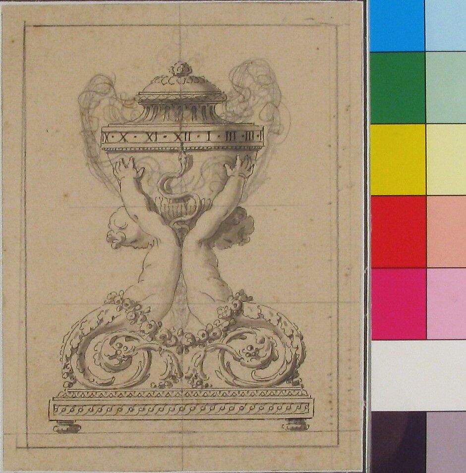 Design for a Clock, Jean François Forty (French, active Paris, 1775–90), Pen and black and gray ink with brush and gray wash and graphite 