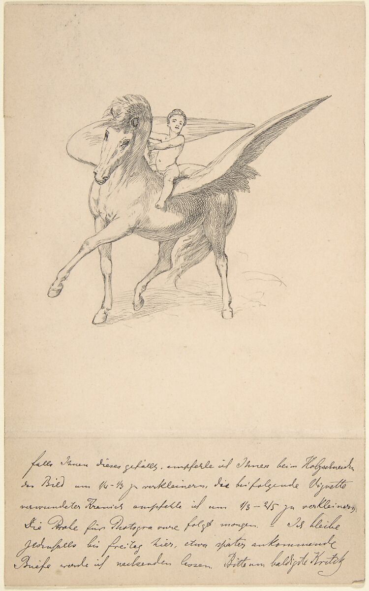 Pegasus and the Young Bellephron, Max Klinger (German, Leipzig 1857–1920 Großjena), Pen and black ink on buff stock 