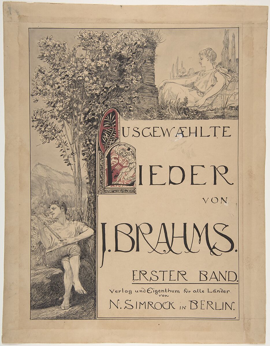 Design for a Title Page for Sheet Music, Max Klinger (German, Leipzig 1857–1920 Großjena), Pen and black ink, brush and gray wash, red gouache, corrected with white; partially incised for transfer; strips added at top and at right 