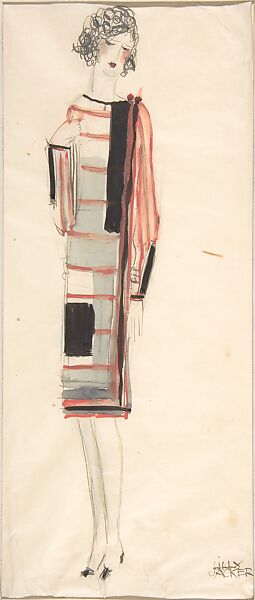 Summer dress: Costume design for Kunstgewerbeschule, Wien, Lilly Jacker (Austrian, Vienna ca. 1930), Pen and brown ink, brush and red, gray, black watercolor over traces of graphite. Inlaid on cardboard mount. 