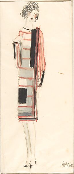 Summer dress: Costume design for Kunstgewerbeschule, Wien, Lilly Jacker (Austrian, Vienna ca. 1930), Pen and brown ink, brush and red, gray, black watercolor over traces of graphite. Inlaid on cardboard mount.