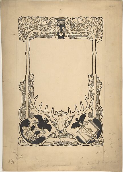 Design for Cover of Book Catalogue of Emil Hirsh, Munich, Ephraim Mose Lilien (Austrian, Drohobycz 1874–1925 Braunschweig), Pen and brush(?) and black ink over traces of pencil corrected with white on cardboard. 