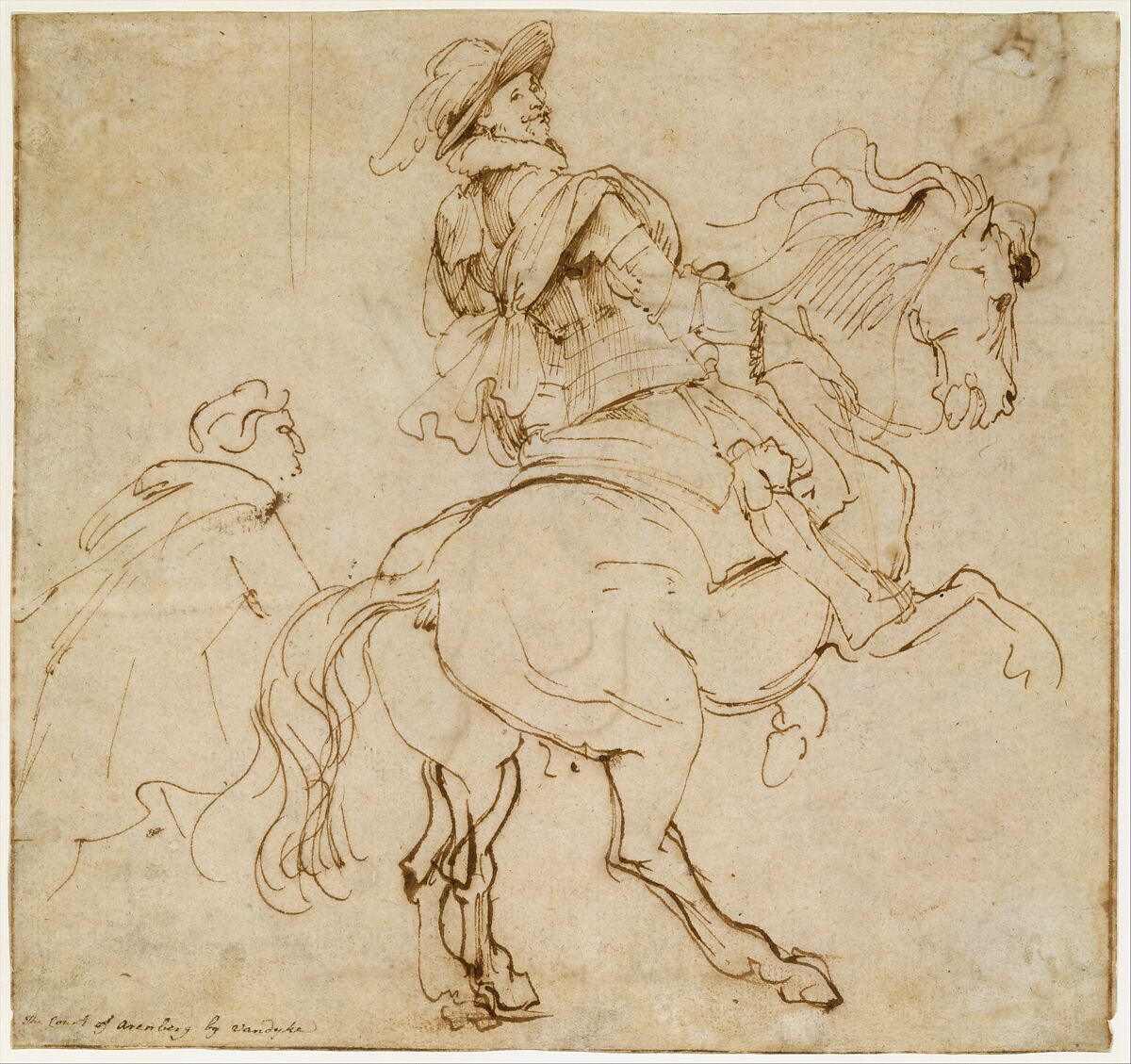 Study for an Equestrian Portrait, Possibly that of Albert de Ligne, Count of Arenberg; verso: Various Studies of Statues and Figures, Including the Venus Pudica and Scipio and his Lictor, Anthony van Dyck (Flemish, Antwerp 1599–1641 London), Pen and brown ink; verso: pen and brown ink, black chalk