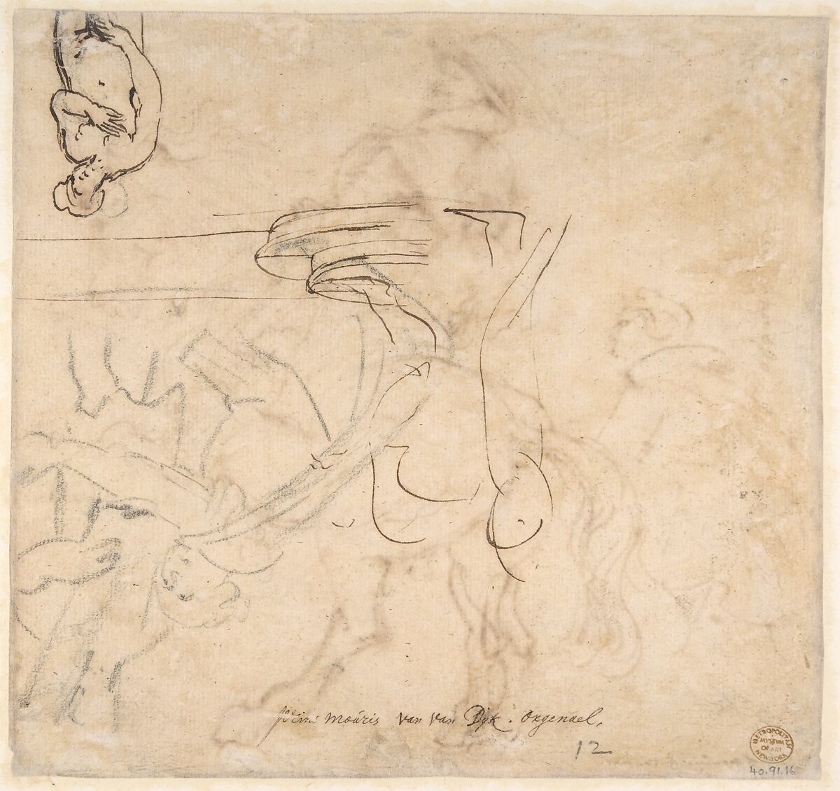 Study for an Equestrian Portrait, Possibly that of Albert de Ligne, Count of Arenberg; verso: Various Studies of Statues and Figures, Including the Venus Pudica and Scipio and his Lictor, Anthony van Dyck (Flemish, Antwerp 1599–1641 London), Pen and brown ink; verso: pen and brown ink, black chalk