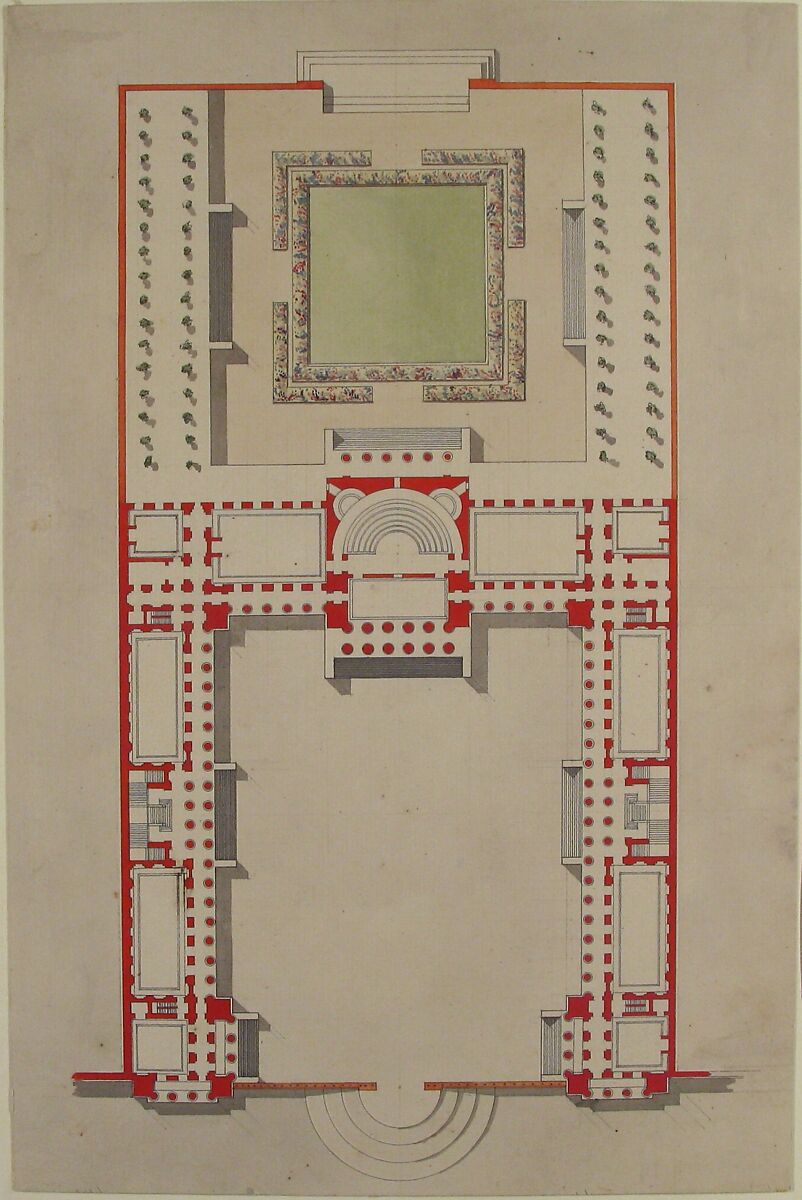 Architectural Ground Plan, Paul Guillaume Lemoine (French, born 1755), Pen and black ink and brush and gray, green and orange washes with graphite underdrawing