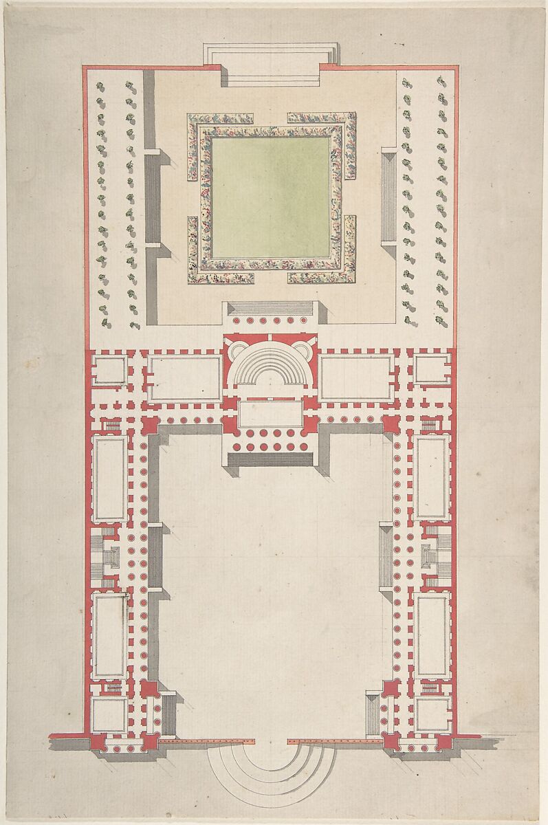 Architectural Ground Plan, Paul Guillaume Lemoine (French, born 1755), Pen and black ink and brush and gray, green and orange washes with graphite underdrawing 