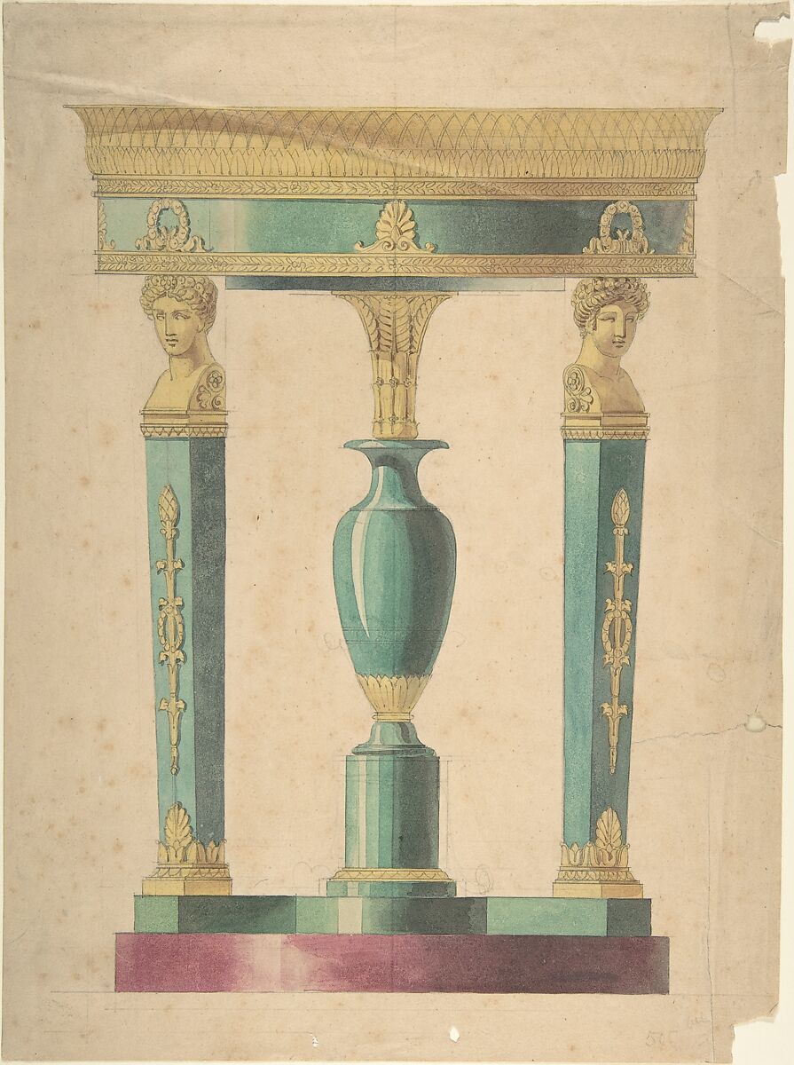 Design for a Table, Attributed to Adrien Louis Marie Cavelier (French, Paris 1785–1867), Brush with yellow, green and purple watercolor with graphite underdrawing. 