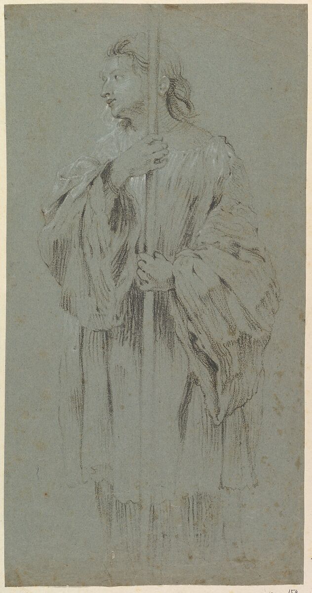 A Young Acolyte Bearing a Staff, Anonymous, Dutch, 17th century, Black chalk heightened with white on blue paper 