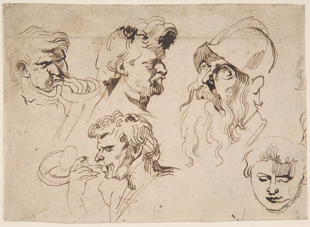 Sheet of Studies of Heads, Anthony van Dyck (Flemish, Antwerp 1599–1641 London), Pen and brown ink 