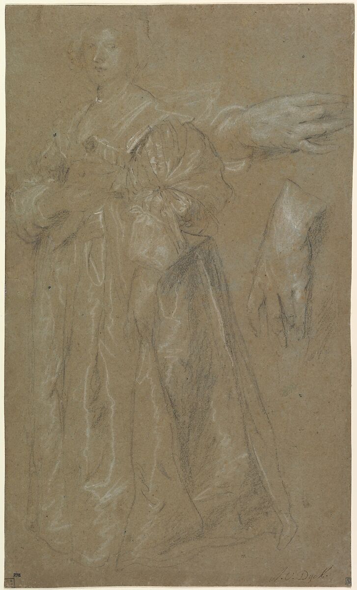 Study for a Portrait of a Lady, Anthony van Dyck (Flemish, Antwerp 1599–1641 London), Black chalk heightened with white chalk on brown paper 