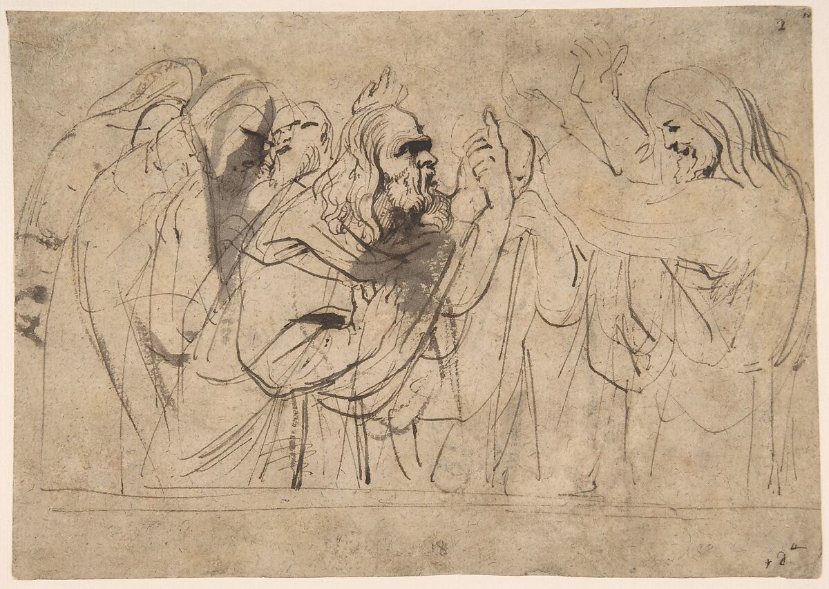 Christ and the Pharisees; verso; Christ and a Pharisee, Anthony van Dyck (Flemish, Antwerp 1599–1641 London), Pen and brown ink, brush and brown wash 