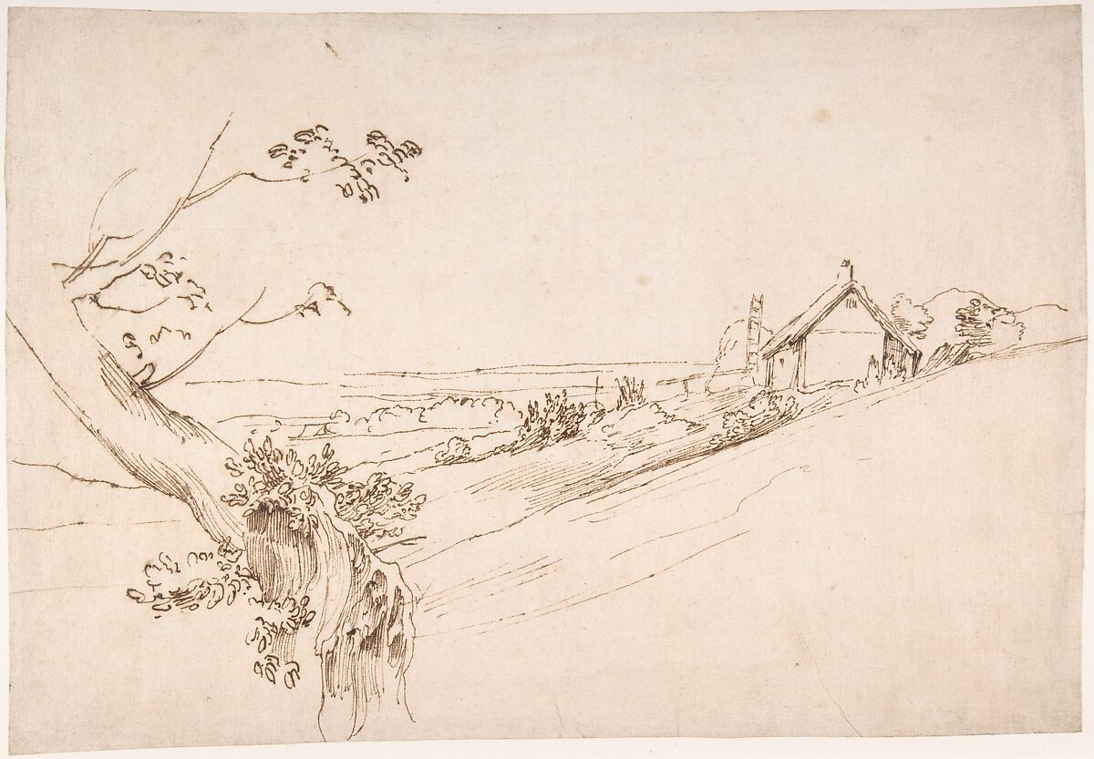 Landscape with a Gnarled Tree and a Farm, Anthony van Dyck (Flemish, Antwerp 1599–1641 London), Pen and brown ink 