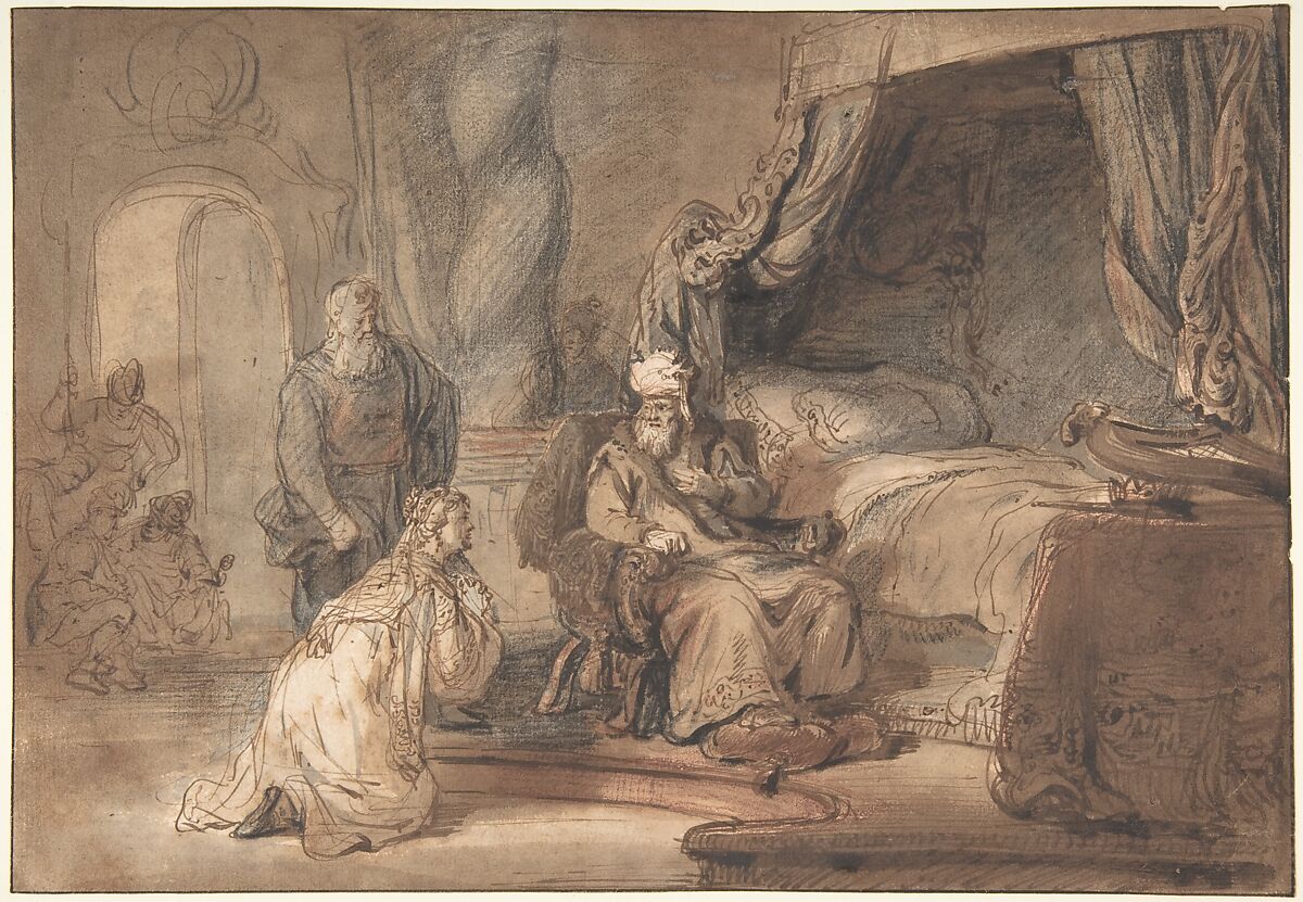 David's Promise to Bathsheba, Gerbrand van den Eeckhout  Dutch, Pen and brown ink, brown wash, over black and red chalk, with framing line in pen and black ink