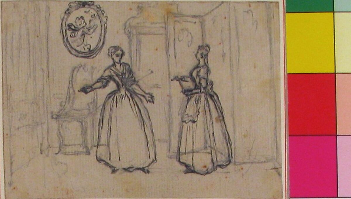 Study for "The Maid's Counsel," etched vignette in "Songs in the Opera of Flora", Hubert François Gravelot (French, Paris 1699–1773 Paris), Pen and black ink with black chalk underdrawing