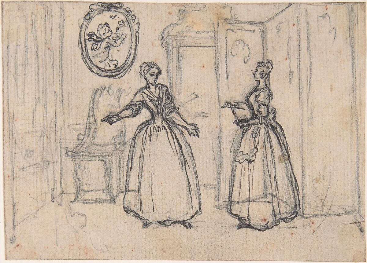 Study for "The Maid's Counsel," etched vignette in "Songs in the Opera of Flora", Hubert François Gravelot (French, Paris 1699–1773 Paris), Pen and black ink with black chalk underdrawing 