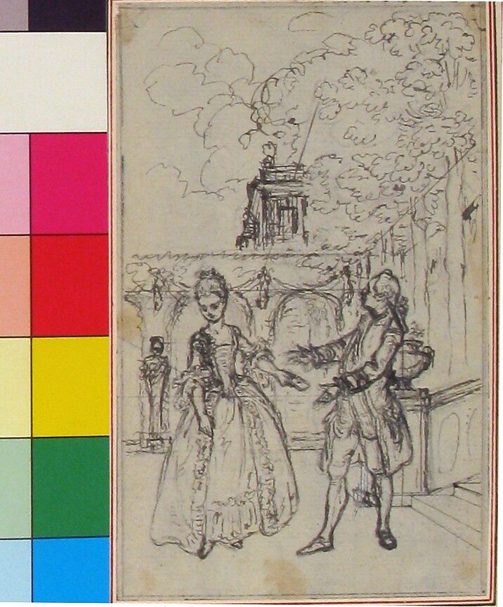 Design for a Scene in Pierre de Laujon's "L'Amoureux de quinze ans, ou la Double-Fête...", Hubert François Gravelot (French, Paris 1699–1773 Paris), Pen and black and gray ink, brush and black and gray wash