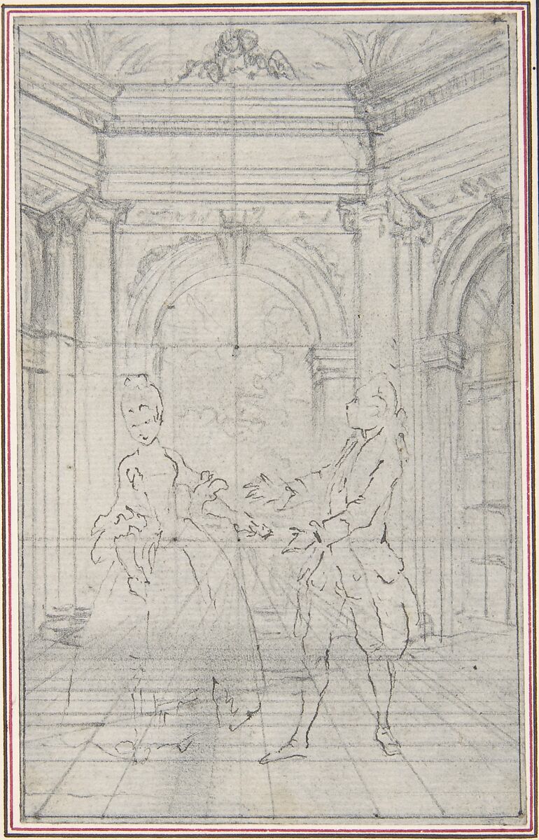 Design for a Scene in Pierre de Laujon's "L'Amoureux de quinze ans, ou la Double-Fête...", Hubert François Gravelot (French, Paris 1699–1773 Paris), Pen and black and gray ink, brush and black and gray wash 