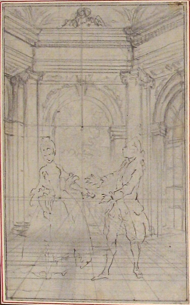 Design for a Scene in Pierre de Laujon's "L'Amoureux de quinze ans, ou la Double-Fête...", Hubert François Gravelot (French, Paris 1699–1773 Paris), Pen and black ink over graphite underdrawing