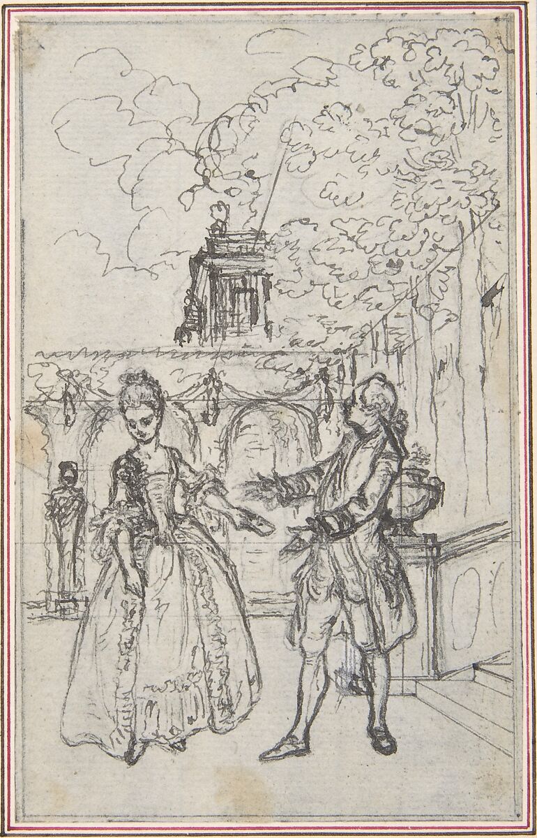 Design for a Scene in Pierre de Laujon's "L'Amoureux de quinze ans, ou la Double-Fête...", Hubert François Gravelot (French, Paris 1699–1773 Paris), Pen and black ink over graphite underdrawing 
