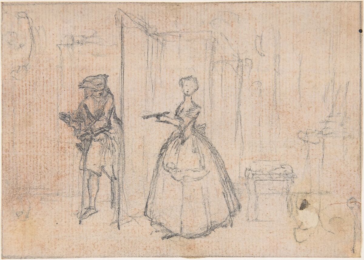 Study for "On Deceiving her Uncle," etched vignette in "Songs in the Opera of Flora", Hubert François Gravelot (French, Paris 1699–1773 Paris), Pen and blue ink, with black chalk and graphite underdrawing 