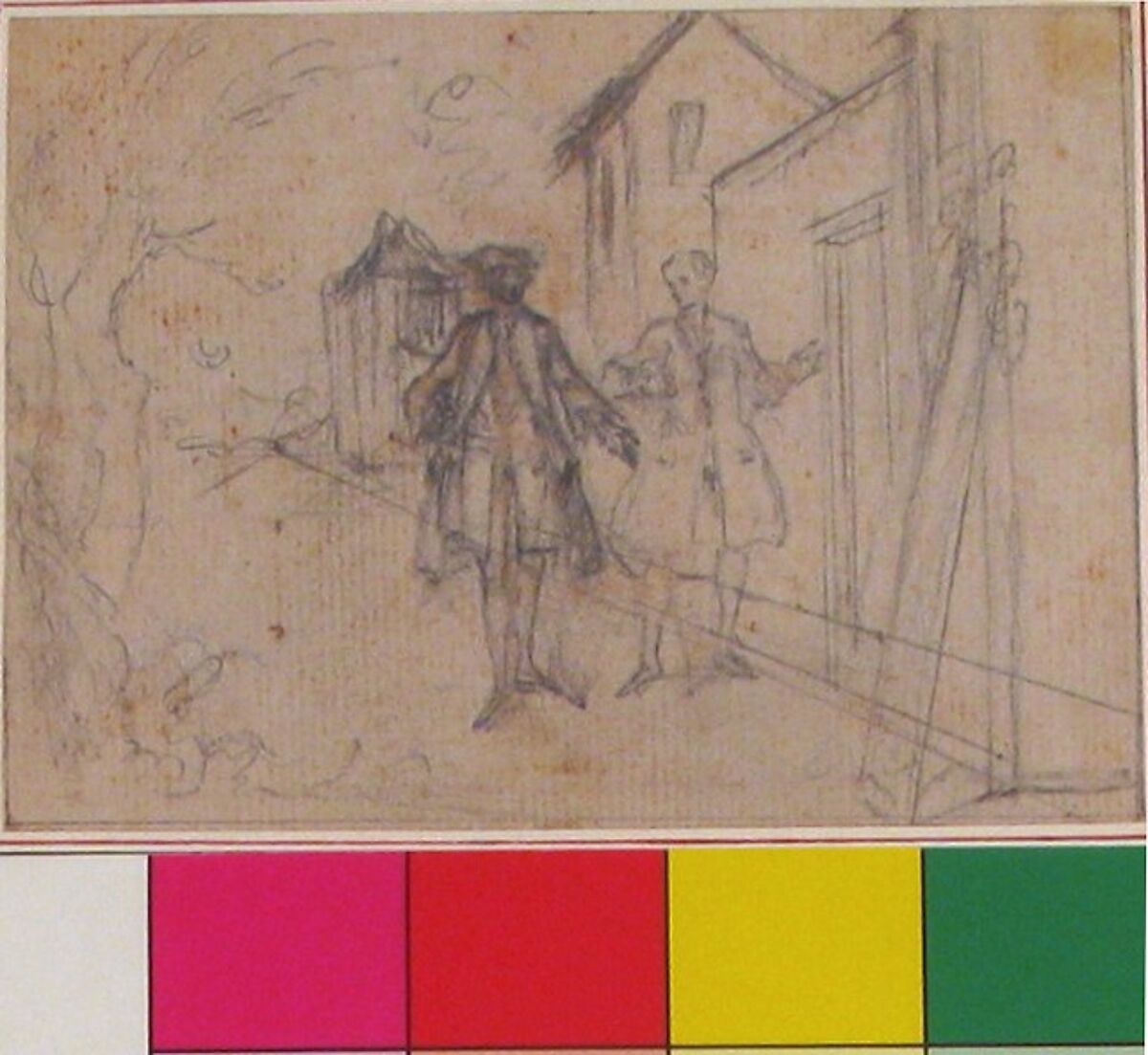 Study for "Friendly Going to Meet Hob," etched vignette in "Songs in the Opera of Flora", Hubert François Gravelot (French, Paris 1699–1773 Paris), Black chalk with stains of red chalk