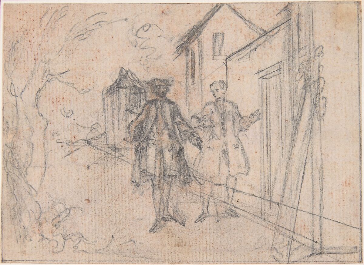 Study for "Friendly Going to Meet Hob," etched vignette in "Songs in the Opera of Flora", Hubert François Gravelot (French, Paris 1699–1773 Paris), Black chalk with stains of red chalk 