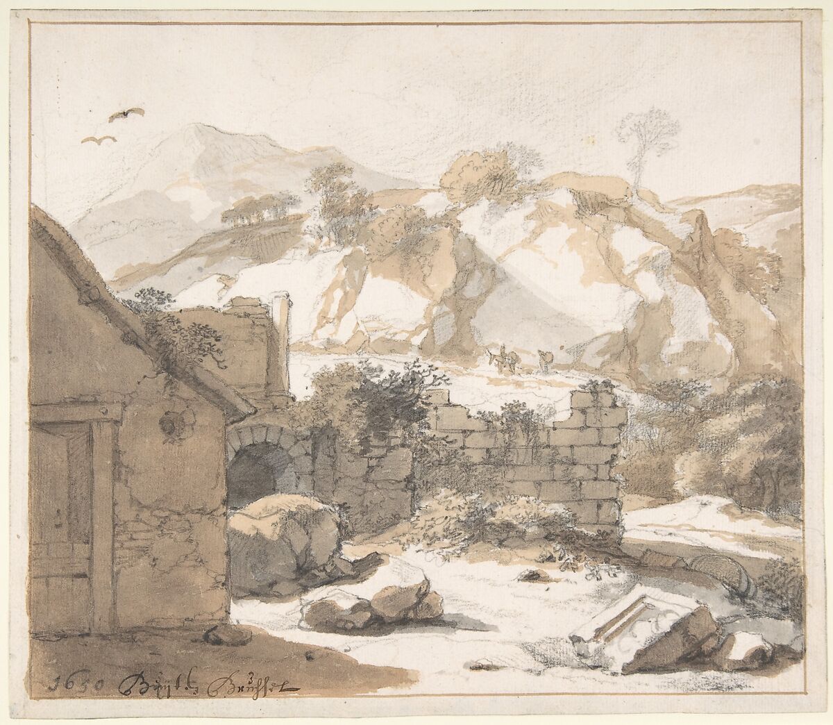 Landscape with Ruins, Gerbrand van den Eeckhout (Dutch, Amsterdam 1621–1674 Amsterdam), Pen and brown ink, brush and brown and gray wash, over black chalk; framing lines in pen and brown ink 