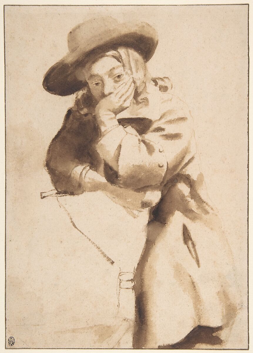 Young Man in Broad-Brimmed Hat, Resting His Chin on His Left Hand, Gerbrand van den Eeckhout (Dutch, Amsterdam 1621–1674 Amsterdam), Brush and brown wash; framing lines in pen and brown ink 