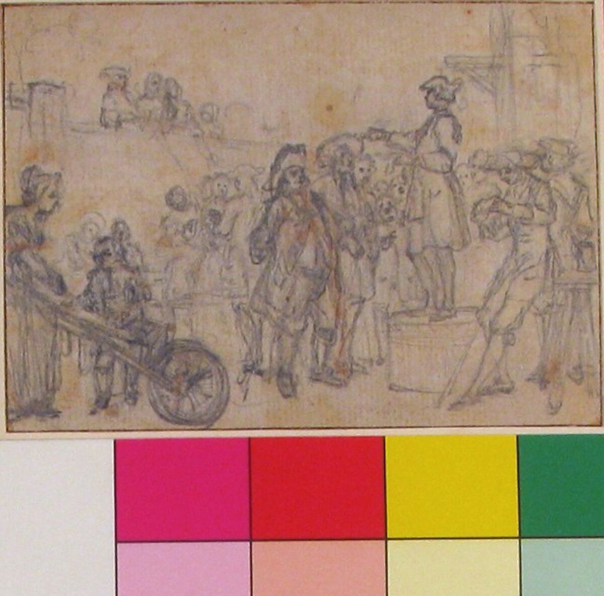 Study for "Friendly as a Ballad Singer at ye Country Wake," etched vignette in "Songs in the Opera of Flora", Hubert François Gravelot (French, Paris 1699–1773 Paris), Black chalk with graphite, traced with a stylus, traces of red chalk