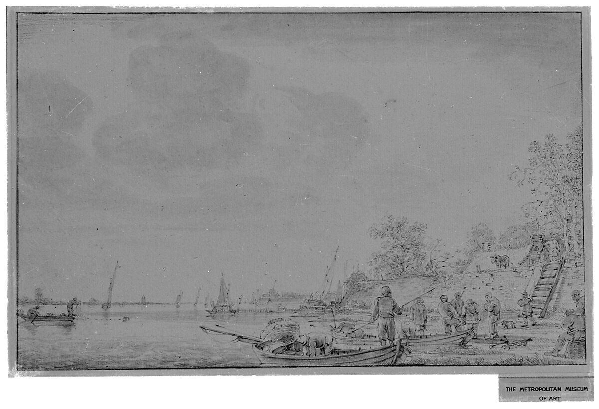 Coast Scene, Jacob Esselens (Dutch, Amsterdam 1626–1687 Amsterdam), Black chalk, brush and gray wash; framing lines in pen and brown ink