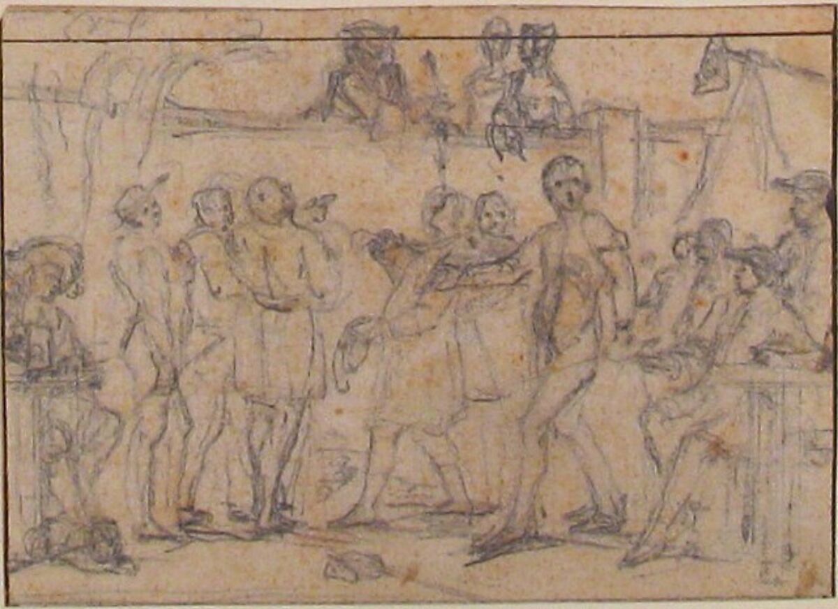 Study for "The Challenge," etched vignette in "Songs in the Opera of Flora", Hubert François Gravelot (French, Paris 1699–1773 Paris), Graphite, black chalk, red chalk stains, partially traced with stylus