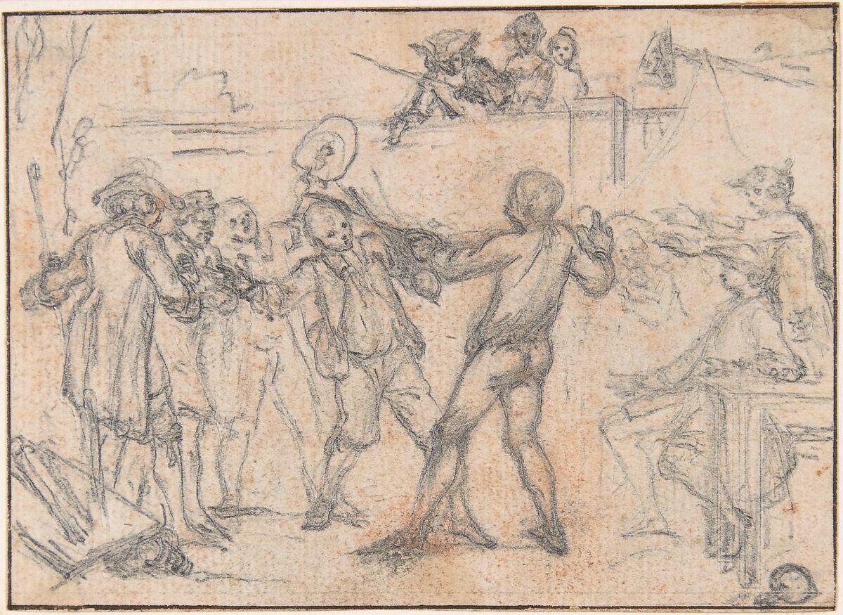 Study for "The Combate," etched vignette in "Songs in the Opera of Flora", Hubert François Gravelot (French, Paris 1699–1773 Paris), Black chalk, graphite, red chalk stains, traced with the stylus 
