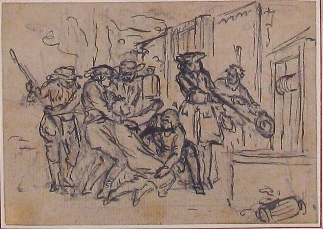 Study for "Hob's Petition to Sir Thomas to Keep Him out of the Well," etched vignette in "Songs in the Opera of Flora", Hubert François Gravelot (French, Paris 1699–1773 Paris), Pen and black over graphite and black chalk with red chalk