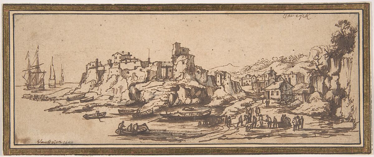 View of an Italian Coastal Village with Boats Landing on a Beach, Casper van Eyck (Flemish, Antwerp 1613–1673 Brussels), Pen and brown ink, brush and gray wash (gray wash added at a later date?) 