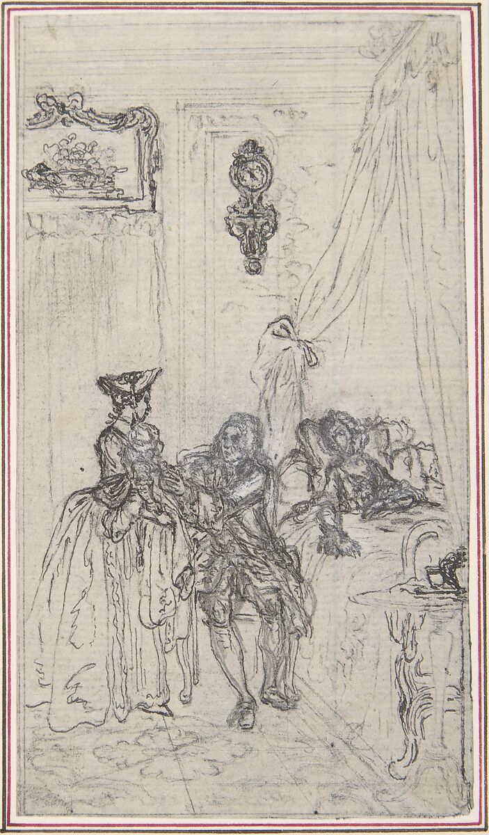 Study for a frontispiece for "Histoire de Miss Jenny", Hubert François Gravelot (French, Paris 1699–1773 Paris), Pen and black ink, with black and white chalk 